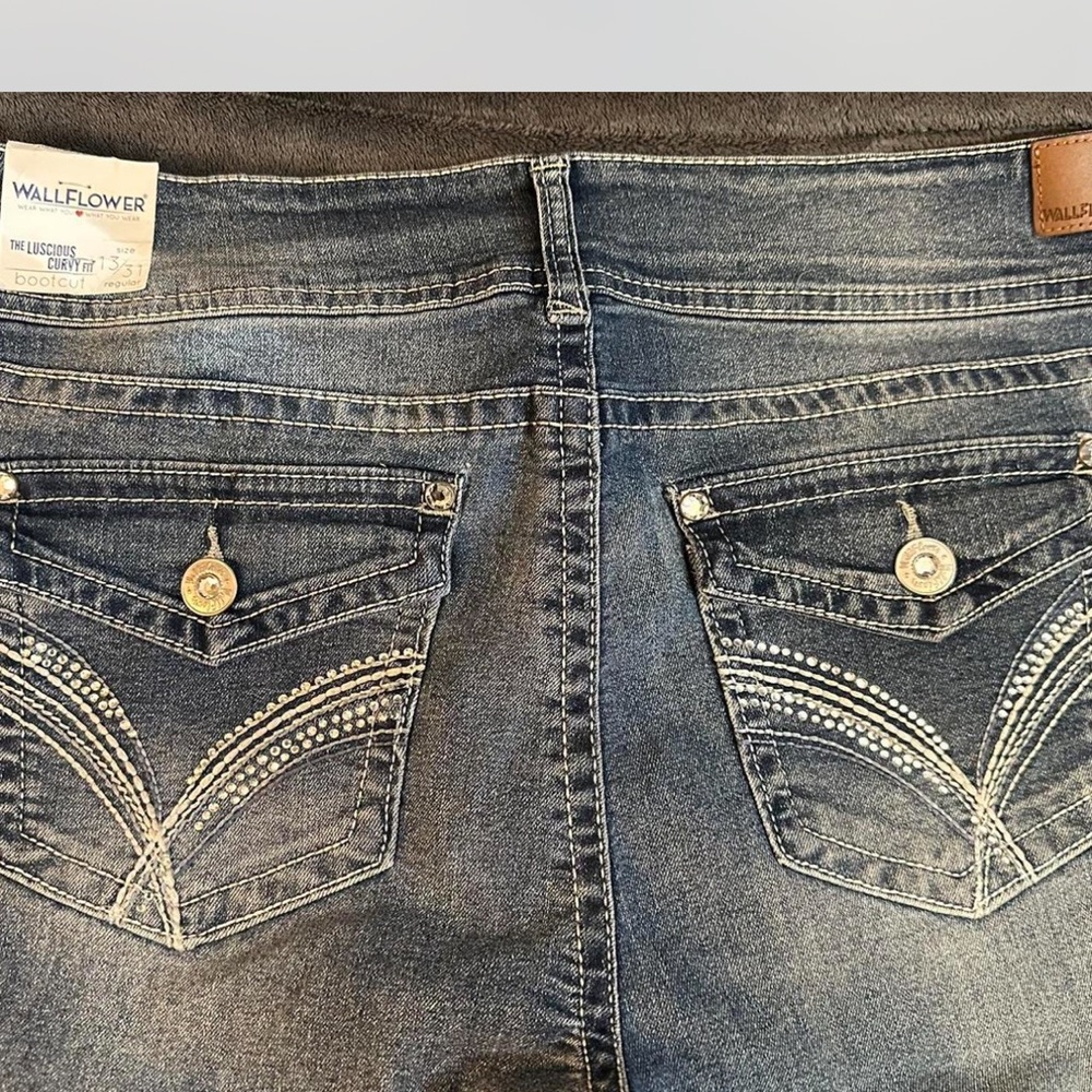Wallflower Distressed Medium Blue Bootcut Jeans with Embellished Back Pockets